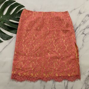 Trina Turk Vintage Y2k Lace Slip Skirt Size 8 Pink Yellow Pencil Side Slit